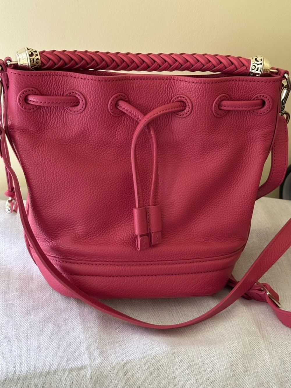 Brighton Braided-Handle Drawstring Bucket Bag in Berry Pink